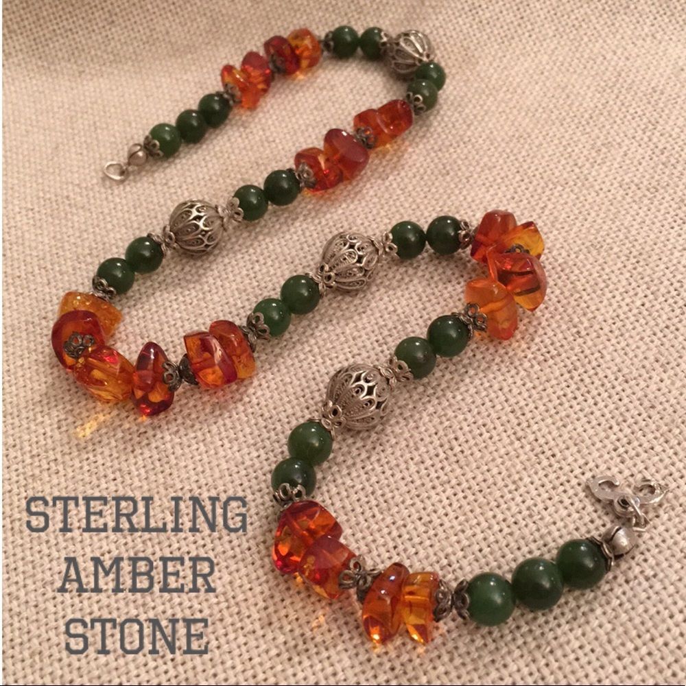 Vintage Amber Sterling & Green Stone Bead Necklace